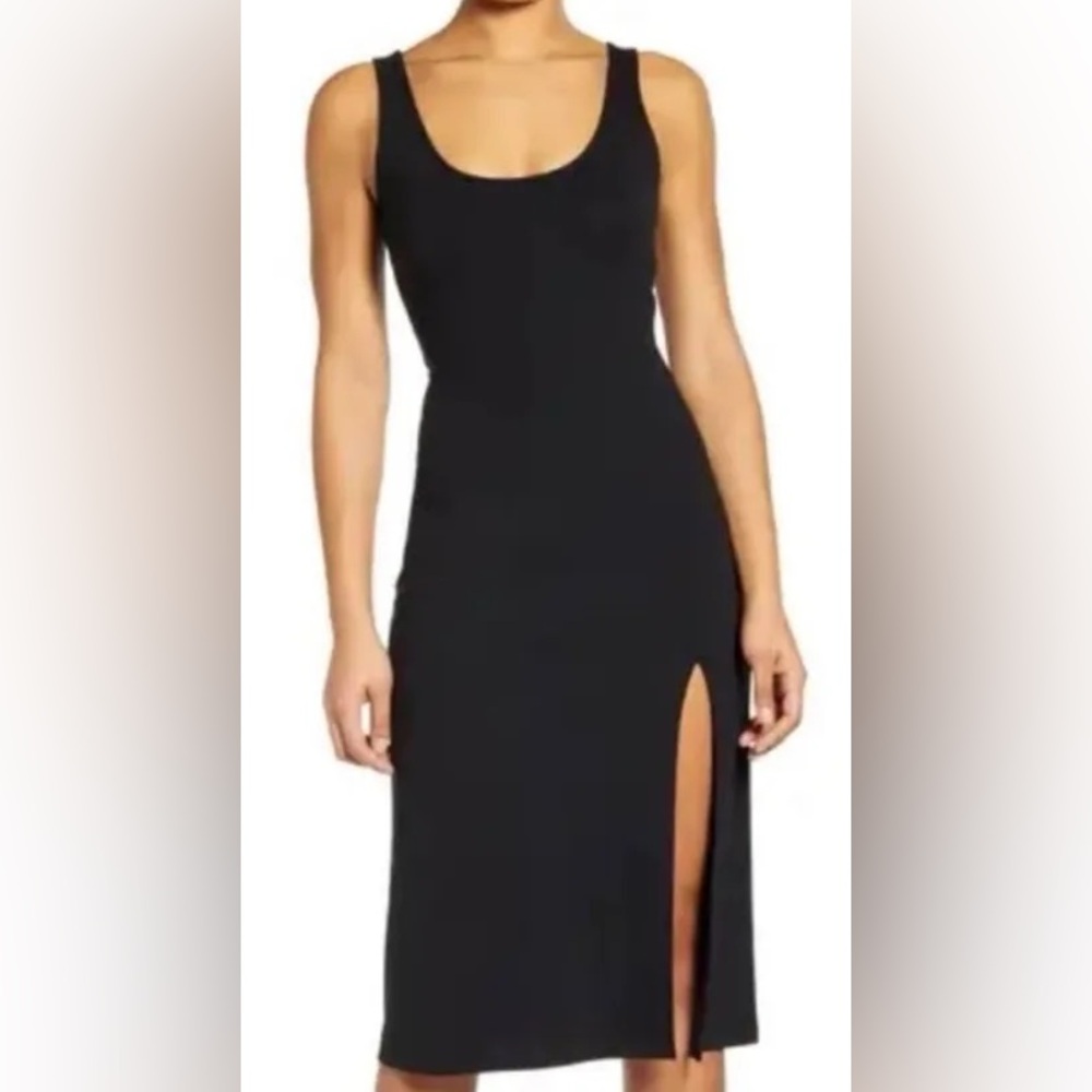 Leith Classic Black Midi Dress with Front Side Slit